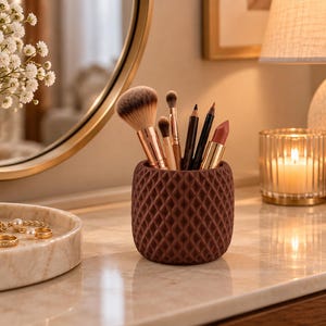 Minimal Textured Planter, Geometric Chocolate Brown Stone Pot, Modern Multipurpose Holder