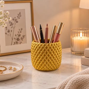 Minimal Textured Planter, Geometric Gold Stone Pot, Modern Multipurpose Holder