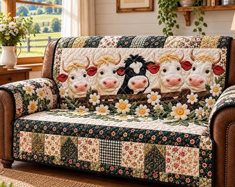 Funda de sofá con estampado de vaca de granja, protector de sofá con estampado floral de margaritas, decoración rústica para sala de estar campestre.