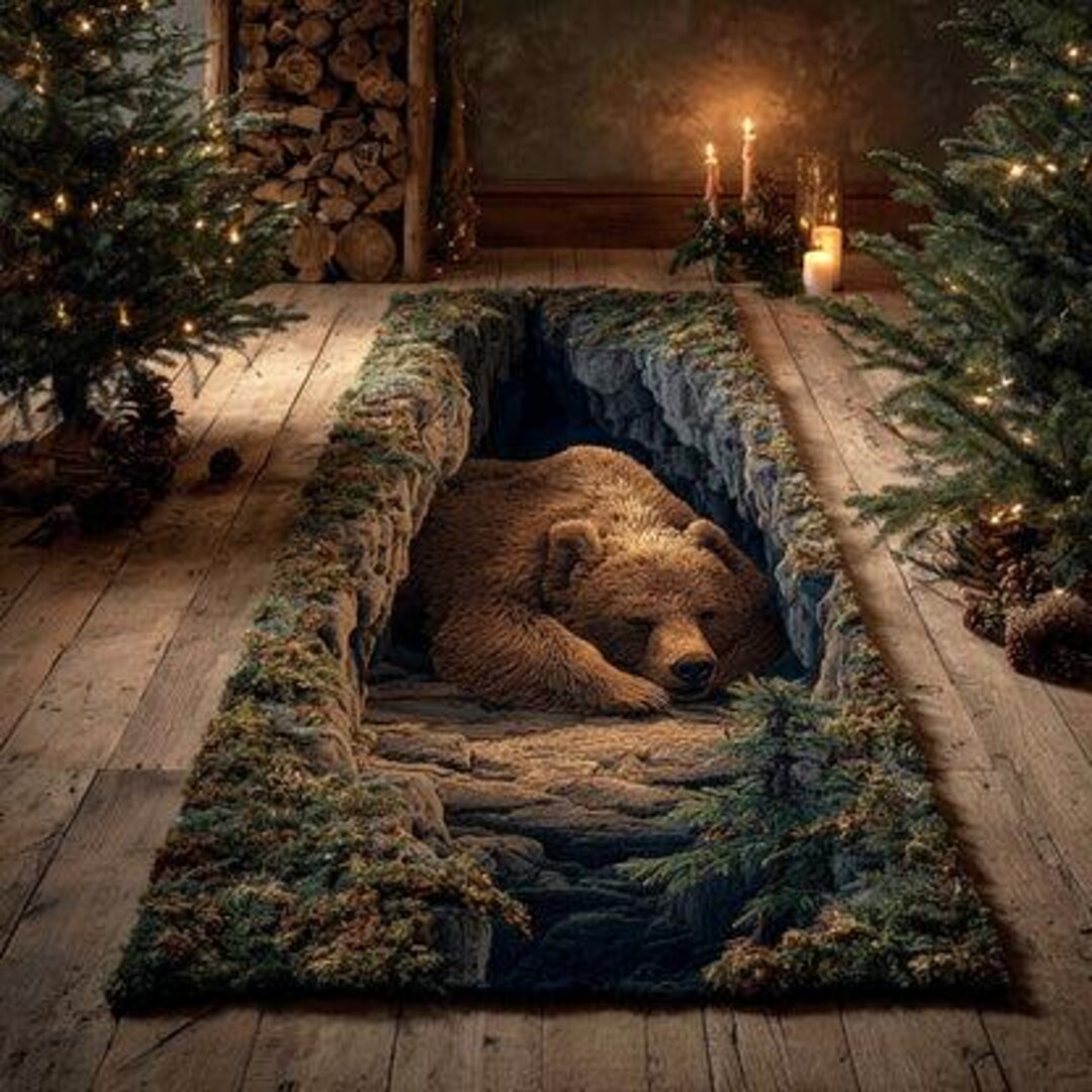 Sleeping Bear Rug, Woodland Illusion Carpet, Cozy Cabin Nature Floor ...