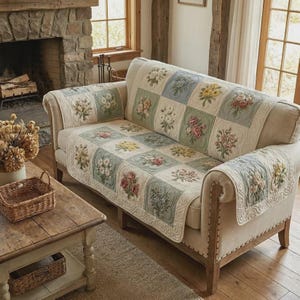 Puede incluir: Un sofá beige con un edredón patchwork floral. El edredón presenta cuadrados bordados con varios arreglos florales en tonos de rosa, amarillo y azul. El sofá tiene patas y reposabrazos de madera, en un salón acogedor.