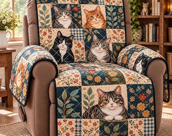 Op de afbeelding: Een bruine relaxfauteuil met een doorgestikte stoffen hoes met een patchworkpatroon van diverse kattenportretten, groene bladeren en kleine oranje en rode bloemen. De hoes bedekt de rugleuning, de zitting en de armleuningen.