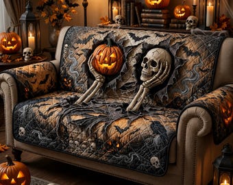 Halloween-bankhoes, schedelbankbeschermer, pompoensprei, gotisch spookachtig interieur