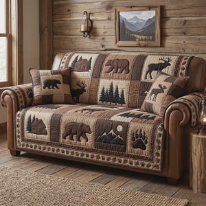 May include: A brown leather sofa with a patchwork quilt cover featuring cabin, bear, deer, and mountain designs. Two matching throw pillows are on the sofa. The room has a rustic, cabin-like aesthetic with wood paneling and a framed landscape painting.