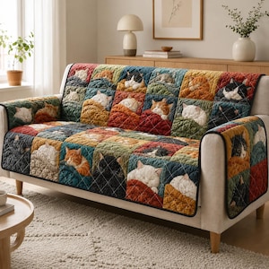 May include: A quilted sofa cover featuring a repeating grid pattern of sleeping cats in various colors including orange, black, white, and gray. The fabric has a textured, stitched finish and covers the seat, back, and arms of a light-colored sofa.