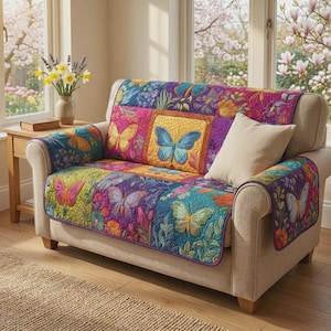 Op de afbeelding: Een kleurrijke bankhoes met vlinderthema. De hoes heeft een patchwork ontwerp met vlinder illustraties in blauw, roze, geel en paars. De hoes ligt op een beige bank, wat een levendig contrast creëert. Het thema is natuur en woondecoratie.