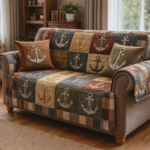 Copridivano con ancora nautica, protezione patchwork costiera, decorazione rustica per casa al mare, coperta stampata per mobili