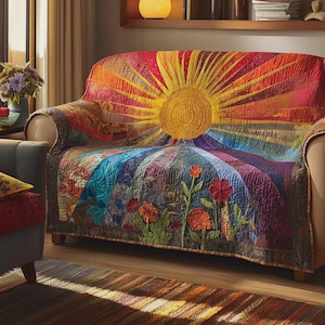 Copridivano Boho Sun, protezione colorata per divano, plaid vintage con motivo a raggiera, decorazione artistica per il soggiorno.
