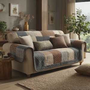 Può includere: Un divano beige con una coperta patchwork nei toni del marrone, blu e beige. Diversi cuscini in colori e trame complementari sono disposti sul divano. Un tappeto in iuta e un tavolino in legno completano la scena.
