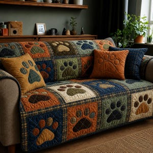 May include: A quilted sofa cover featuring a patchwork design of squares in shades of orange, blue, green, and cream, each decorated with a stitched paw print motif. The cover includes matching square throw pillows with similar paw print designs.