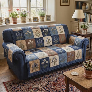 May include: A navy blue sofa with a floral patchwork quilt. The quilt features embroidered squares with various flowers and foliage in shades of blue, brown, and cream. The sofa is placed in front of a window with potted plants.
