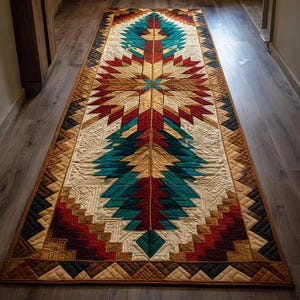 Puede incluir: Una alfombra rectangular acolchada con un patrón geométrico en tonos turquesa, rojo, beige y marrón. El diseño presenta una estrella central y formas de árboles estilizadas, bordeado por un patrón marrón oscuro y negro. La alfombra está colocada sobre un suelo de madera.