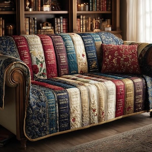 May include: A decorative sofa with a quilted cover designed to resemble a stack of books. The cover features various colors, including red, blue, and cream, with floral and gold accents. A matching pillow with a floral pattern rests on the sofa.