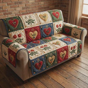 May include: A quilted sofa cover with a patchwork design. The cover features squares in red, green, blue, and cream, each adorned with embroidered hearts and floral patterns. The cover is placed on a beige sofa.