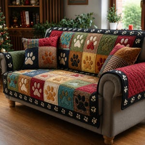 Può includere: Un copridivano trapuntato e un cuscino abbinato con un design patchwork a quadrati rossi, verdi, blu e gialli. Ogni quadrato presenta un motivo a impronta di zampa. Il copridivano ha un bordo nero con un motivo ripetuto di impronte bianche.