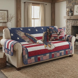 American Flag Sofa Cover, Eagle Patriotic Decor, USA Couch Protector, 4th July Slipcover