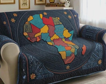 African Map Sofa Cover, Cultural Decor, Ethnic Pattern Slipcover, Boho Couch Protector