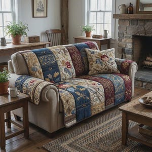 May include: A beige sofa with a floral patterned quilt and matching pillow. The quilt features a patchwork design with blue, red, and beige panels. The room has a rustic, cozy feel with wooden furniture and a stone fireplace.