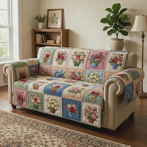 May include: A beige sofa with a floral patchwork quilt cover. The quilt features embroidered squares with various flower arrangements in baskets and vases, in shades of pink, blue, and yellow. The sofa is in a well-lit room with a rug.