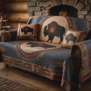 Buffalo Sofa Cover, Western Couch Protector, Printed Bison Throw, Rustic Cabin Decor