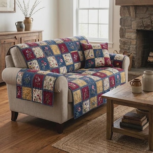 Patchwork Sofa Cover, Farmhouse Floral Decor, Vintage Couch Protector, Cozy Slipcover