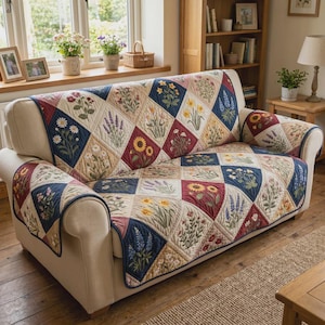 May include: A quilted sofa cover with a floral patchwork design. The cover features embroidered flowers in diamond-shaped patches of various colours, including blue, red, and yellow. The sofa is beige, and the cover is draped over the back and arms.