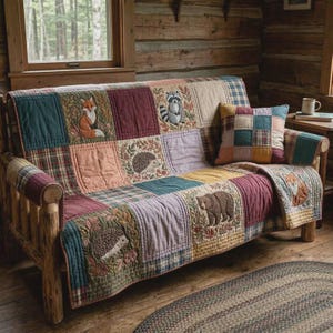 May include: A wooden futon with a patchwork quilt featuring embroidered forest animals. The quilt has squares of various colours and patterns, including a fox, raccoon, hedgehog, and bear. A matching cushion rests on the futon.