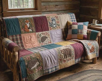 Woodland Animal Sofa Cover, Rustic Cabin Couch Protector, Forest Patchwork Throw, Lodge Living Room Decor