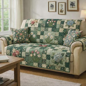 May include: A green floral patchwork sofa cover with matching cushions. The cover is decorated with embroidered flowers, including roses, daisies, and tulips, in shades of green, cream, and pink. The sofa is beige, and the cushions have a floral pattern.