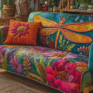 May include: A sofa with a floral quilt and a decorative cushion. The sofa back has a large dragonfly design in orange and yellow against a teal background. The cushion is orange with a flower design. The sofa is decorated with vibrant flowers in a variety of colours.