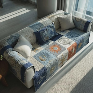 Coastal Sofa Cover, Beach Patchwork Couch Protector, Nautical Ocean Decor, Seashell Starfish Living Room Throw