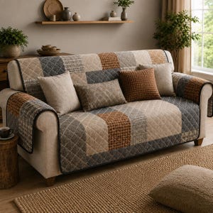 Può includere: Un divano coperto da un tessuto trapuntato con un motivo patchwork di quadrati marroni, grigi e beige. La fodera presenta una texture con cuciture a rombi e un bordo scuro. Sono disposti diversi cuscini rettangolari e quadrati in tonalità neutre.