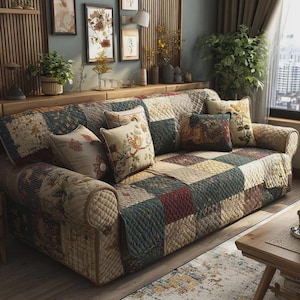 May include: A patchwork sofa with a quilted design in shades of green, brown, and red. The sofa is decorated with several decorative throw cushions featuring floral patterns. The overall aesthetic is rustic and cosy, suitable for a living room setting.