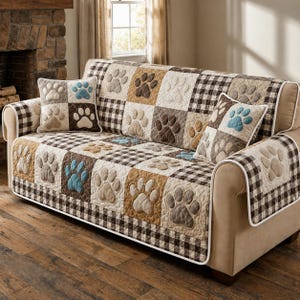 May include: A quilted sofa cover and two matching square throw pillows featuring a patchwork design of brown, beige, and white buffalo check squares alternating with solid squares embossed with raised paw print patterns in blue and brown.