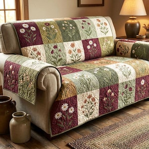 May include: A floral quilted sofa cover with a patchwork design. The cover features embroidered flowers in shades of white, red, green, and gold. The cover is draped over a beige sofa, with the armrests also covered.