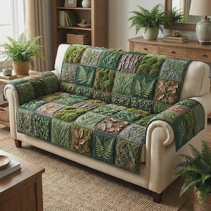 Forest Sofa Cover, Botanical Couch Protector, Nature Patchwork Decor Throw