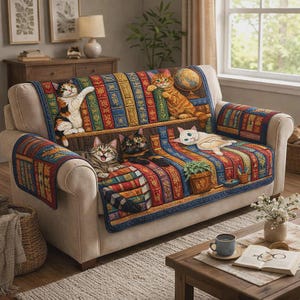 Cat Sofa Cover, Book Lover Decor, Library Theme Slipcover, Cute Cat Couch Protector