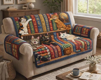 Cat Sofa Cover, Book Lover Decor, Library Theme Slipcover, Cute Cat Couch Protector