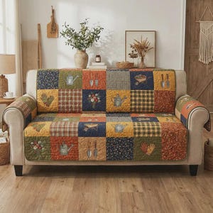 May include: A patchwork sofa cover in a variety of squares in shades of green, orange, yellow, and blue. Each square has a different pattern or embroidered image of gardening tools and flowers. The cover is draped over a beige sofa.