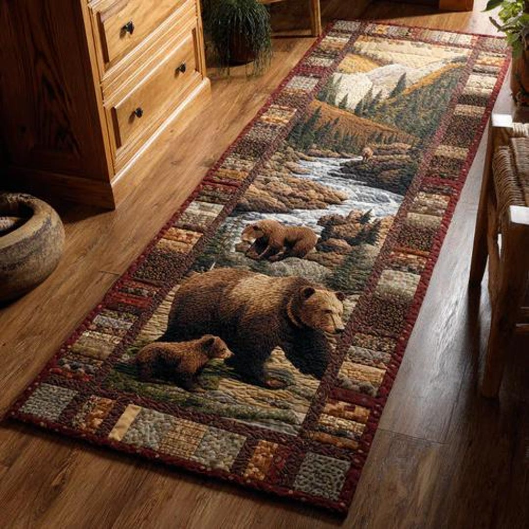 Mountain Bear Runner Rug, Wilderness Scene Art, Rustic Cabin Hallway ...