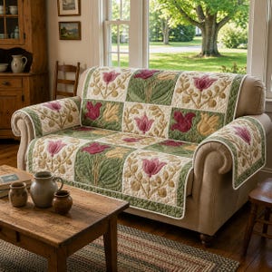 Floral Patchwork Sofa Cover, Farmhouse Couch Protector, Vintage Flower Throw, Cozy Cottage Decor