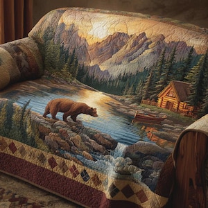 Bear Mountain Sofa Cover, Cabin Couch Protector, Rustic Lodge Wildlife Decor, Lake House Living Room Throw