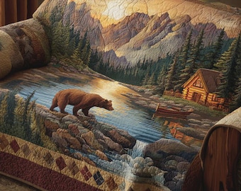 Bear Mountain Sofa Cover, Cabin Couch Protector, Rustic Lodge Wildlife Decor, Lake House Living Room Throw