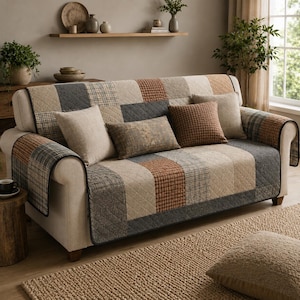 Neutral Patchwork Sofa Cover, Farmhouse Couch Protector, Cozy Minimal Throw, Rustic Living Room Decor