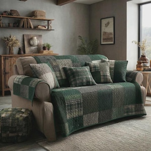 Funda de sofá verde con retazos, protector de sofá estilo granja, manta de cuadros para cabaña, decoración rústica acogedora