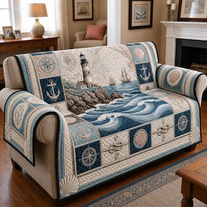 May include: A quilted sofa cover featuring a nautical theme with a central lighthouse, sailing ships, and crashing waves. The design includes blue and cream panels decorated with anchors, compass roses, seashells, and rope knots in a grid pattern.