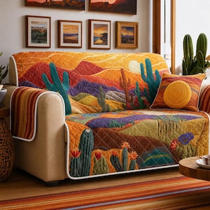 May include: A quilted sofa cover featuring a desert landscape with cacti, mountains, and a sun. The fabric displays warm tones of orange, yellow, red, and green with a diamond-stitched pattern. A matching square throw pillow with a circular sun design.