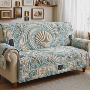 Op de afbeelding: Een gewatteerde bankhoes in tinten blauw, crème en beige, met een ontwerp van zeeschelpen en zeesterren. De hoes heeft een golfpatroon en een patchworkrand, wat een kustthema toevoegt aan de woonkamer.