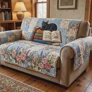 Copridivano con motivo gatto, protezione per divano per amanti dei libri, coperta decorativa per un accogliente angolo lettura.