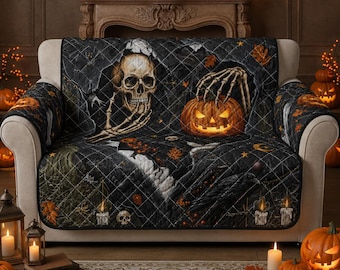 Halloween Sofa Cover, Skull Couch Protector, Pumpkin Throw, Gothic Horror Home Decor